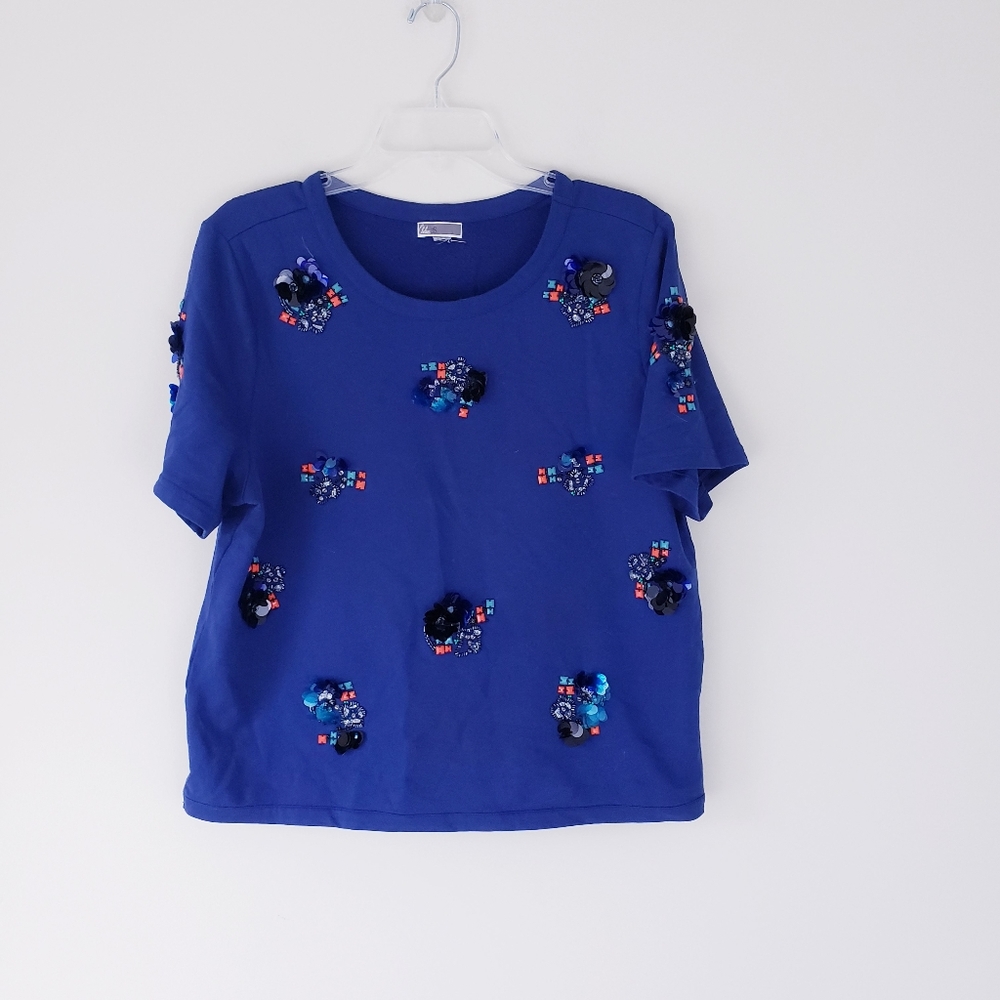 Chelsea28 Blue Embellished Sequin Blouse Pullover Crewneck Size XL